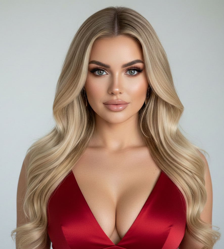 Target scene example — blonde woman in red dress